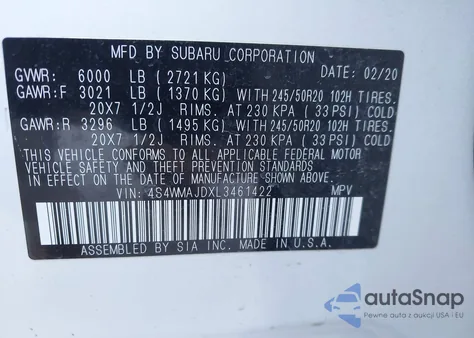 2020 Subaru Ascent Limited from USA, damaged, VIN 4S4WMAJDXL3461422